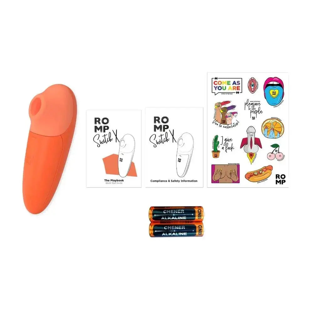 ROMP Switch X Silicone Clitoral Stimulator Pleasure Air Pulse Vibrator Orange on a white background