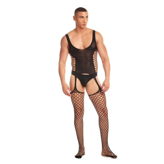 Man wearing a black fishnet bodysuit and stockings on a white background