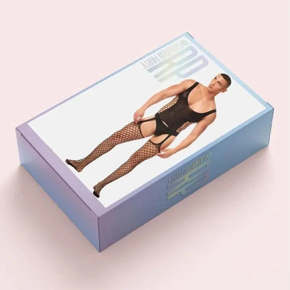 Box of men's fishnet stockings with a model wearing them on a pink background