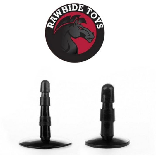 Two black plastic sex toys attachments on a white background with Rawhide Toys logo above.