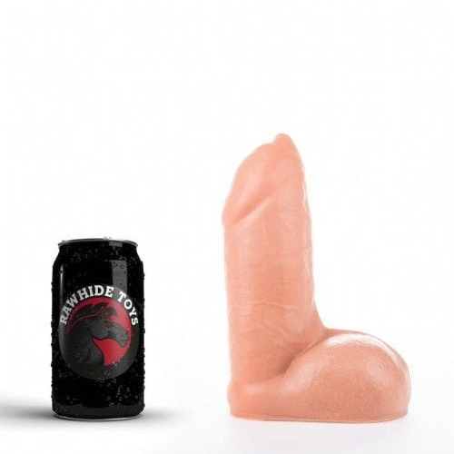 Realistic silicone dildo next to a can with 'Rawhide Toys' branding on a white background