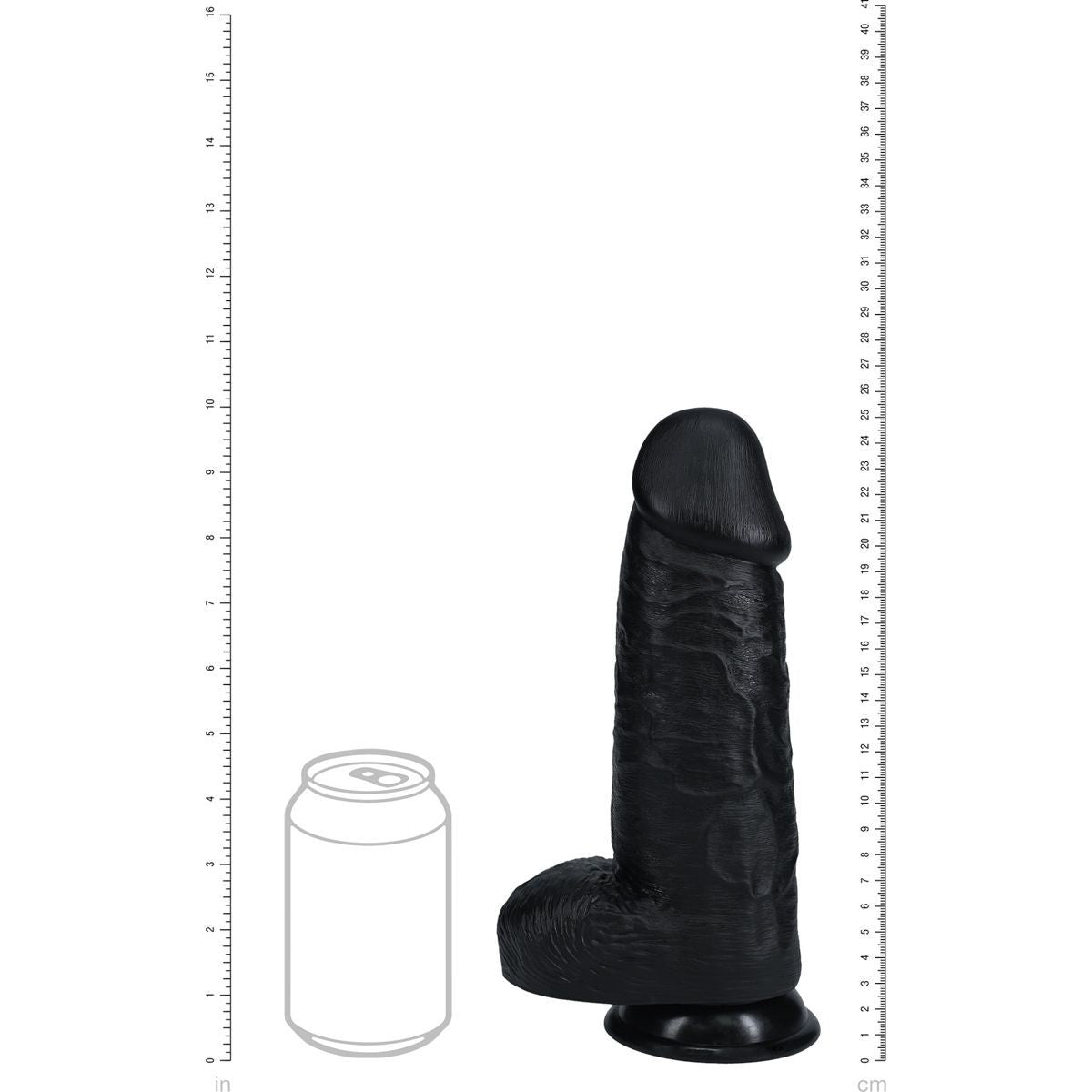 Black silicone large dildo with a can for scale on a white background