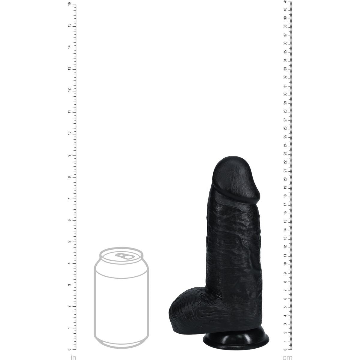 Black silicone dildo with a can for scale on a white background with measurement markings.