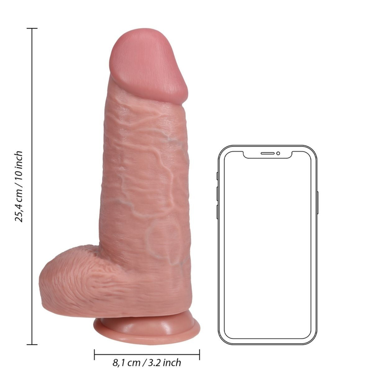Realistic silicone product with dimensions shown next to a smartphone for scale.