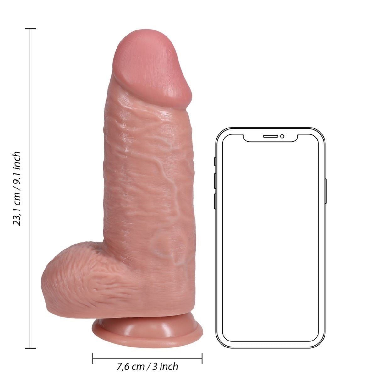 Sexual product with dimensions shown next to a smartphone for scale on a white background