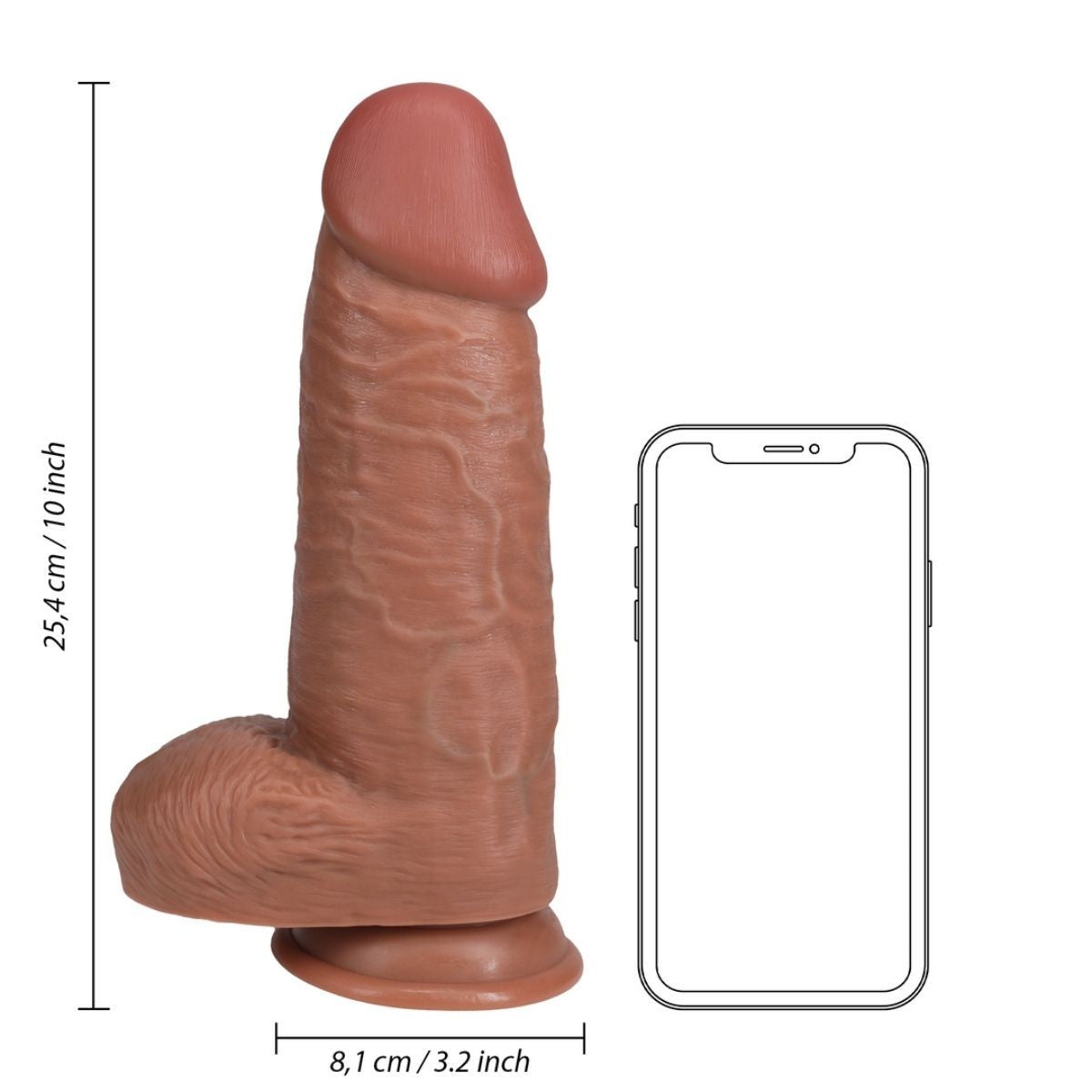 Sexual product with dimensions shown next to a smartphone on a white background