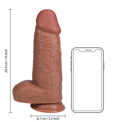 Sexual product with dimensions shown next to a smartphone on a white background