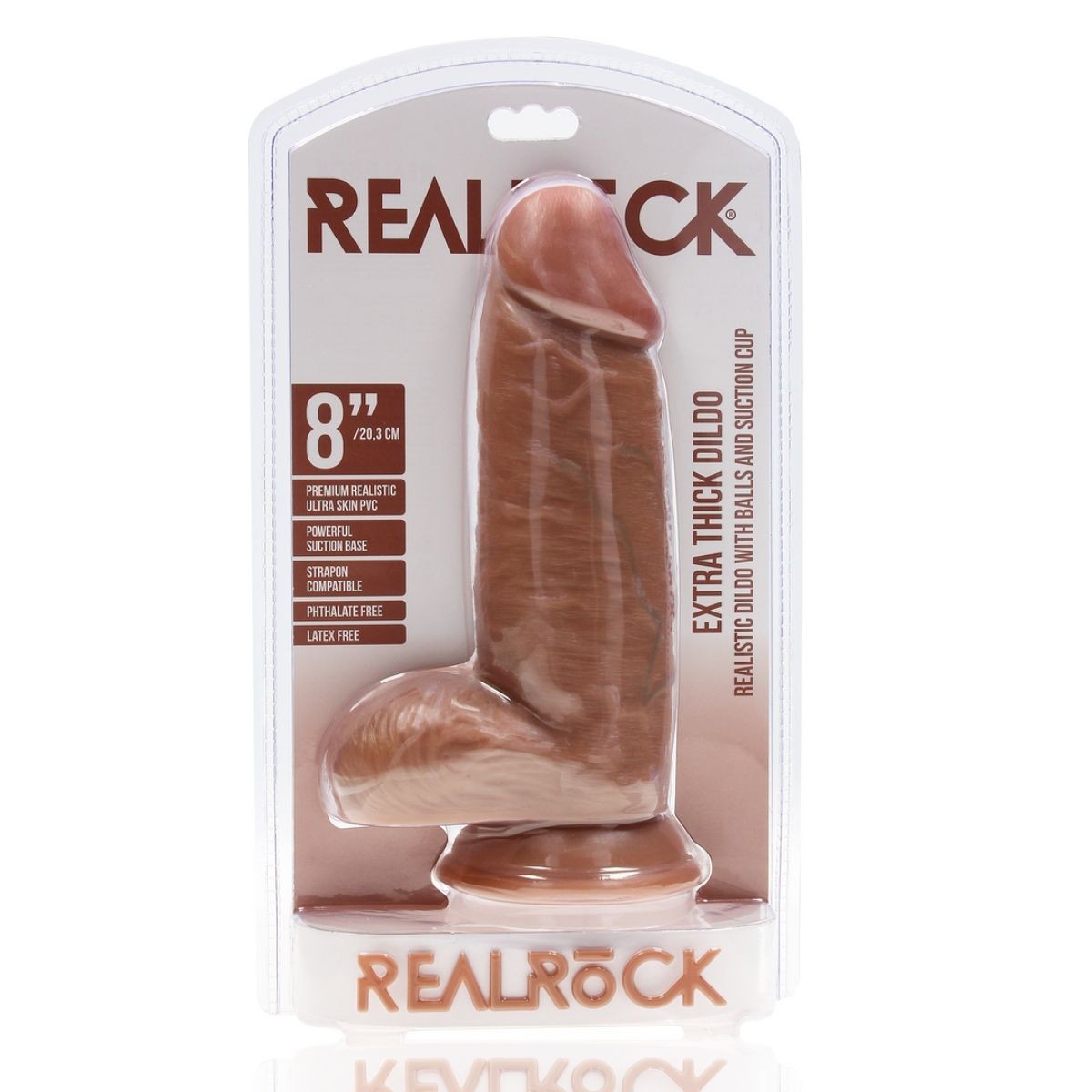 Real Rock 8-inch extra thick dildo packaging on a white background