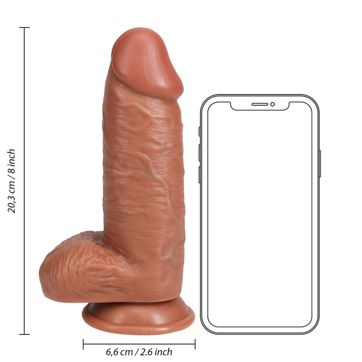 Sexual product with dimensions shown next to a smartphone for scale on a white background