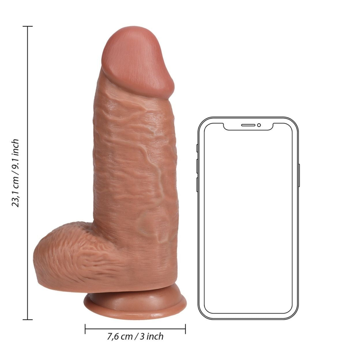 Sexual product with dimensions shown next to a smartphone for scale on a white background