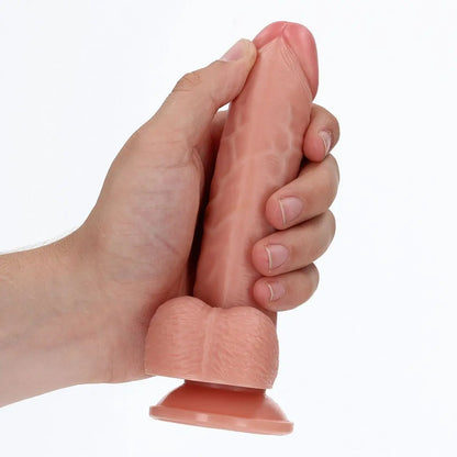 RealRock Realistic Curved Suction Cup Silicone Dildo With Balls Pink 6 Inch on a white background