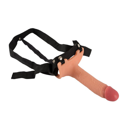 Hollow Strap-on with black strap and beige handle on a white background
