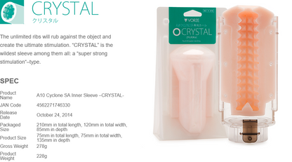 Product packaging of a 'Crystal' sleeve with text and specifications on a white background