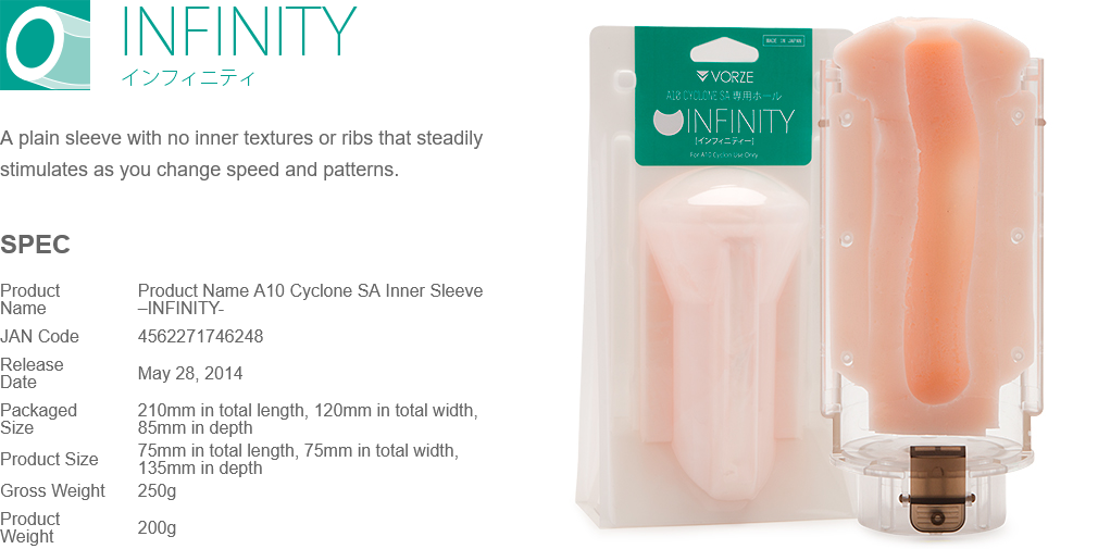 Product packaging of a 'Infinity' sleeve with specifications on a white background