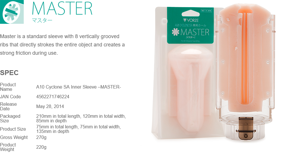 Product packaging of a cylindrical masturbator with text and specifications on a white background