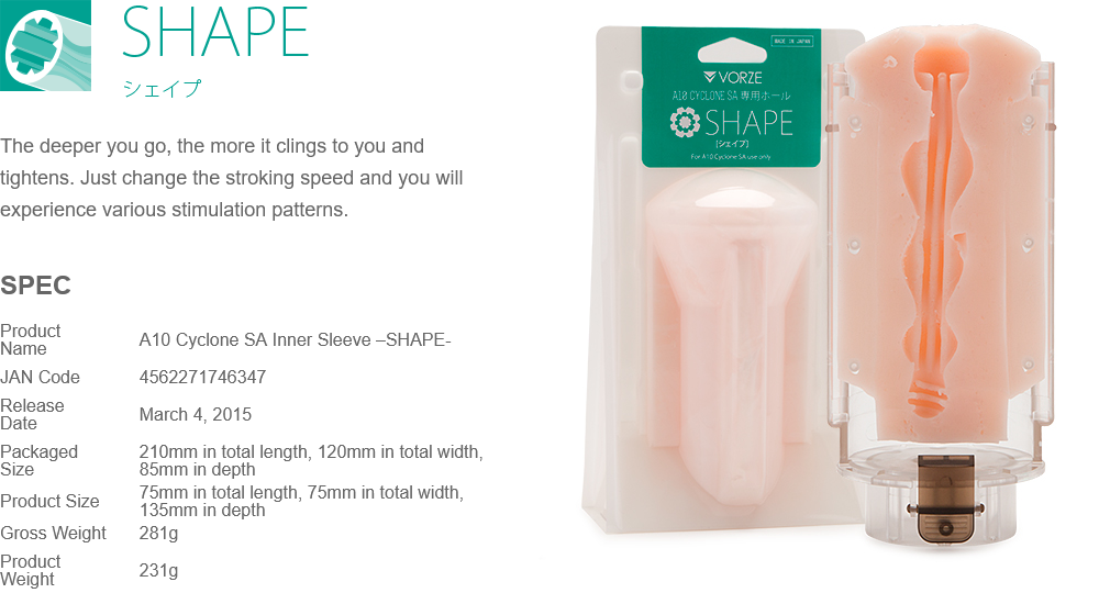 Product packaging of a 'Shape' device with specifications listed on the left.