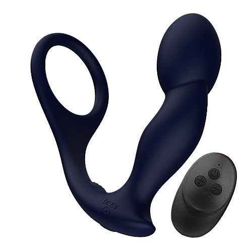 Black silicone prostate massager with remote control on a white background
