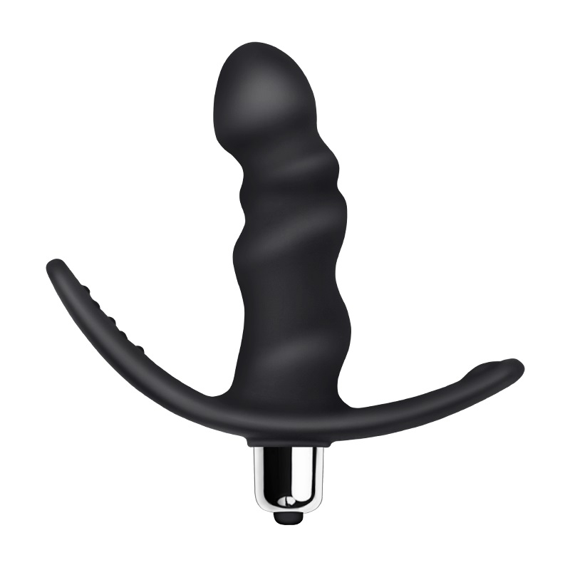 Black silicone butt plug on a white background