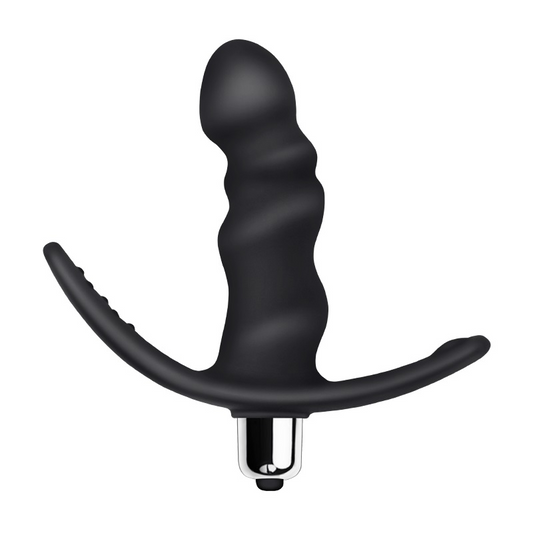 Black silicone butt plug on a white background