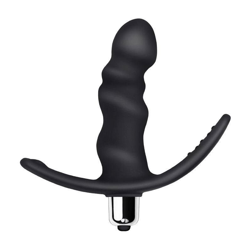 Black curved anal massager with metallic base on a white background