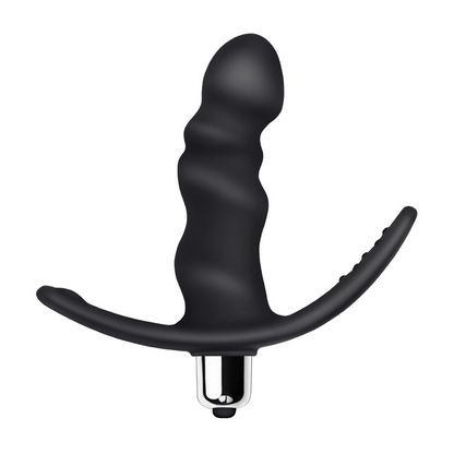 Black curved anal massager with metallic base on a white background