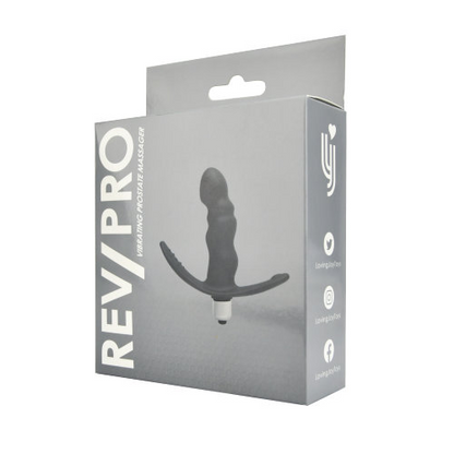 Gray packaging box for a product with 'REV/PRO' branding on a white background