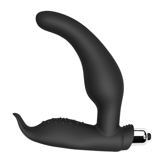 Black silicone prostate massager with a curved design on a white background