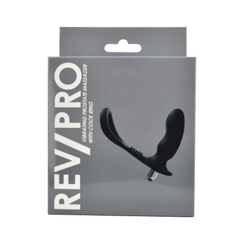 Rev Pro packaging of a vibrating prostate massager with cock ring on a white background