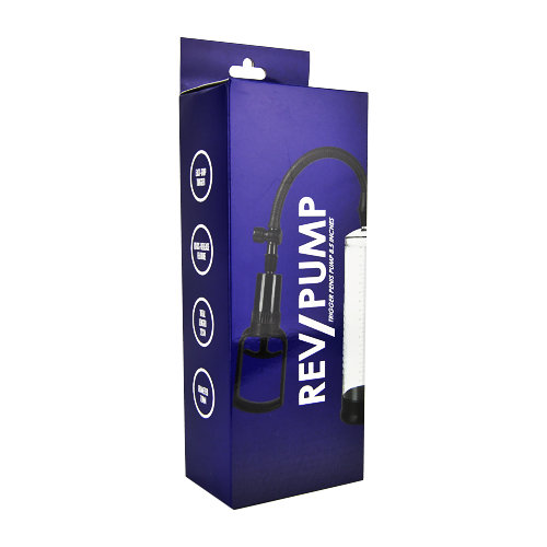 Blue packaging of a REV/PUMP product on a white background