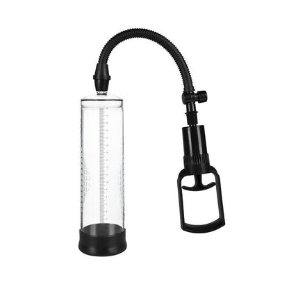 Black and clear plastic penis pump with flexible hose on a white background