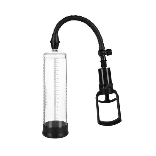 Black and clear plastic penis pump with flexible hose on a white background