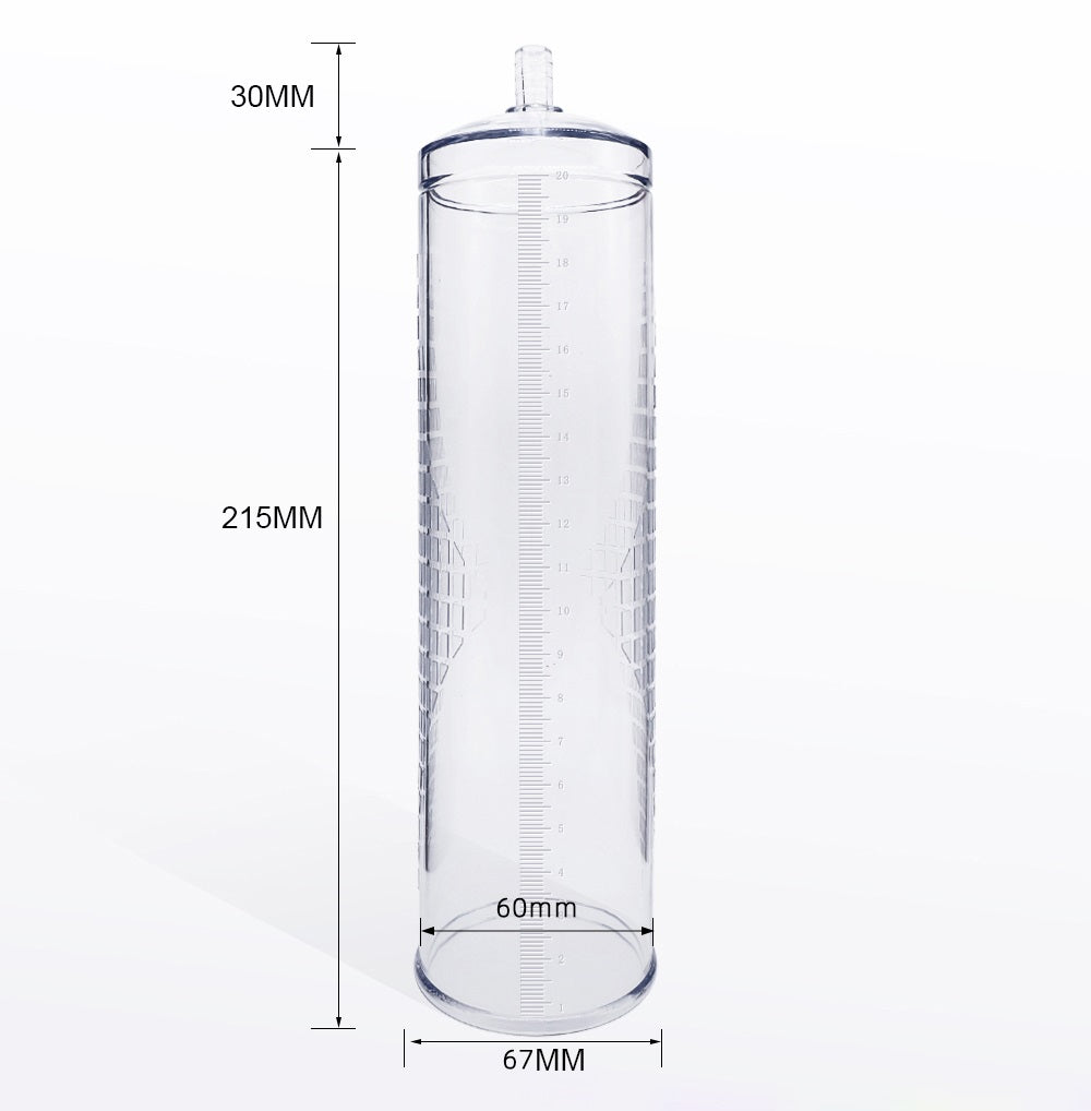 Clear cylindrical container with dimensions labeled on a white background