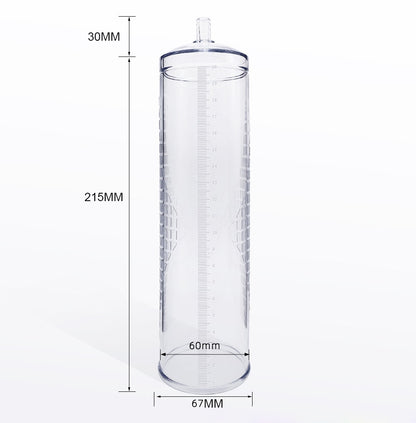 Clear cylindrical container with dimensions labeled on a white background