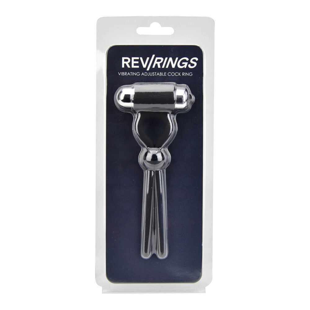 Vibrating adjustable cock ring in packaging with 'REV/RINGS' branding on a white background