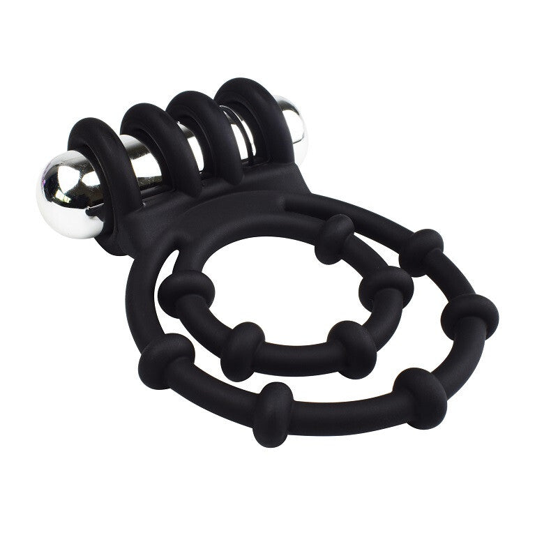 Black silicone cock ring with metal components on a white background