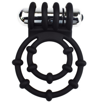 Black silicone cock ring with metal vibrating bullet on a white background