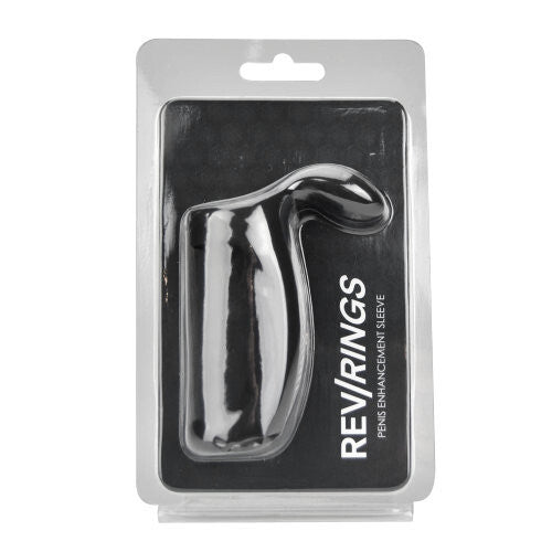 Penis enhancement sleeve in packaging with 'REV/RINGS' branding on a white background