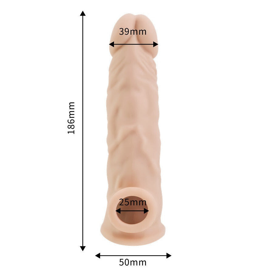 Beige silicone penis sleeve with measurements on a white background