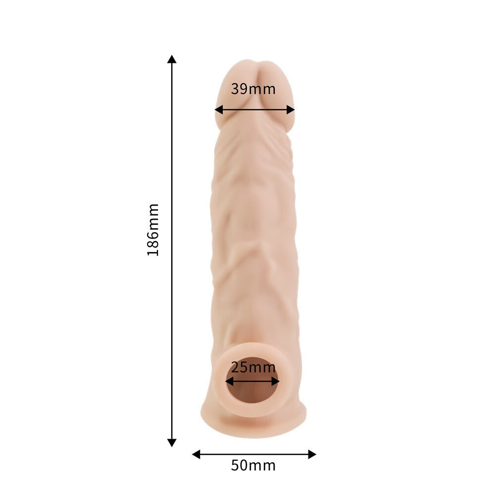 Measurement chart of a penis sleeve with dimensions labeled on a white background