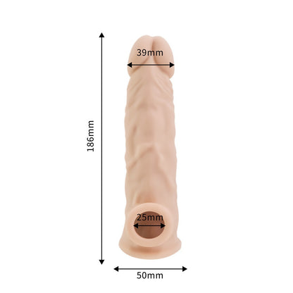 Measurement chart of a penis sleeve with dimensions labeled on a white background