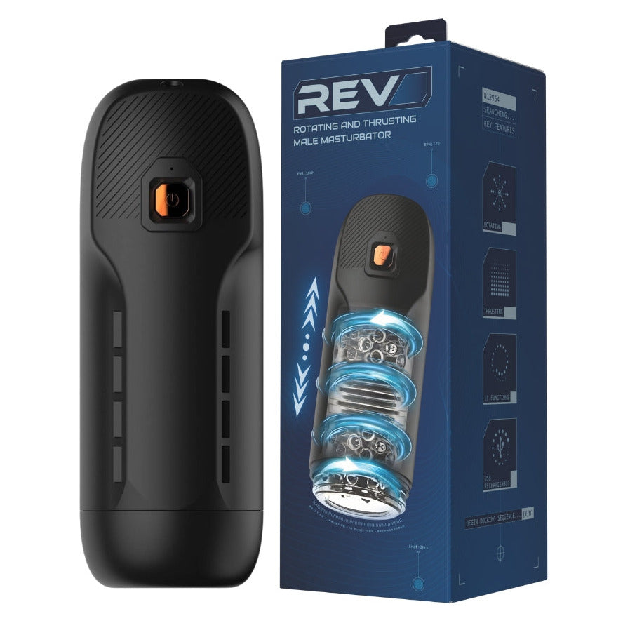 Rev Thrusting & Rotating Male Masturbator 10 Function Auto Stroker packaging on a white background
