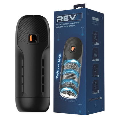 Rev Thrusting & Rotating Male Masturbator 10 Function Auto Stroker packaging on a white background