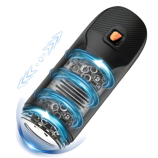 Black electronic male masturbator auto stroker device with blue glowing components on a white background