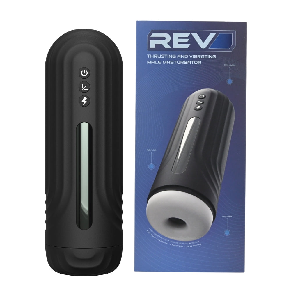 Black male masturbator with control buttons next to its packaging on a white background