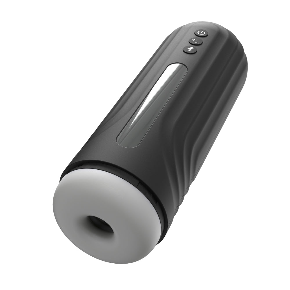 Black and gray cylindrical electronic masturbator on a white background
