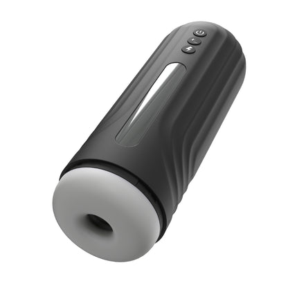 Black and gray cylindrical electronic masturbator on a white background