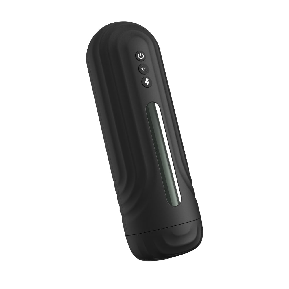 Black electronic masturbator with control buttons on a white background