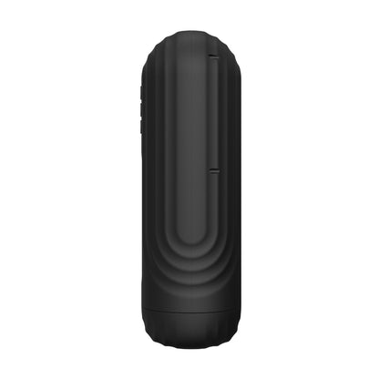 Black cylindrical masturbator with textured surface on a white background
