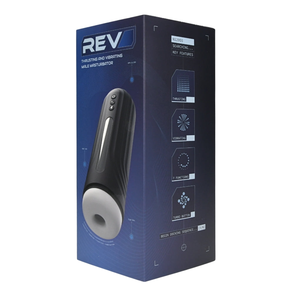 Rev Thrusting & Vibrating Male Masturbator Auto Stroker packaging on a white background