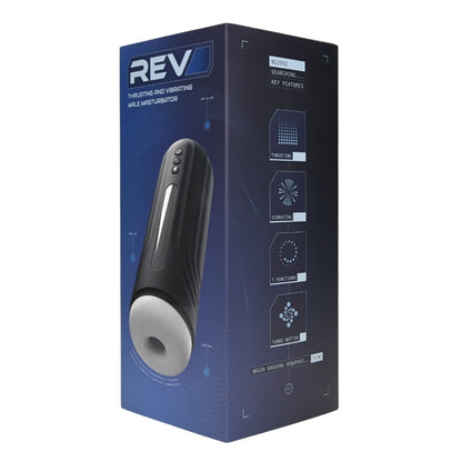 Rev Thrusting & Vibrating Male Masturbator Auto Stroker packaging on a white background